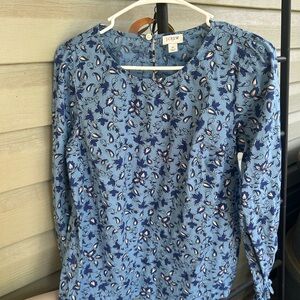 J. Crew Blue Long Sleeve Blouse with Black Floral Design